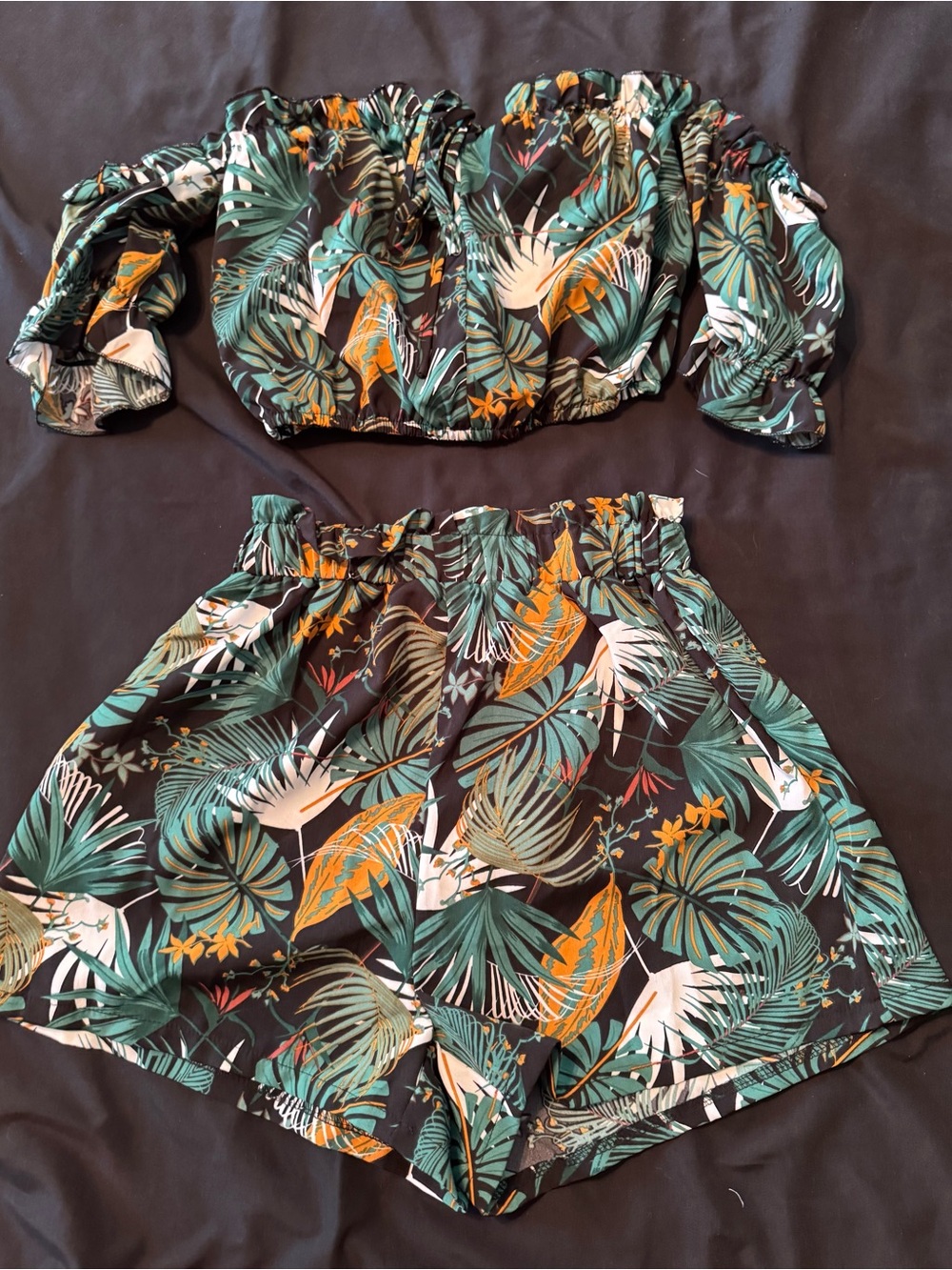 SHEIN Black Tropical Off-Shoulder Crop Top & Shorts Set
